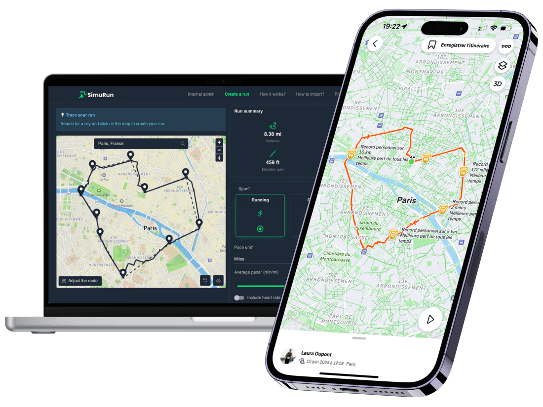 SimuRun fake run generator showing a realistic GPS route in Paris